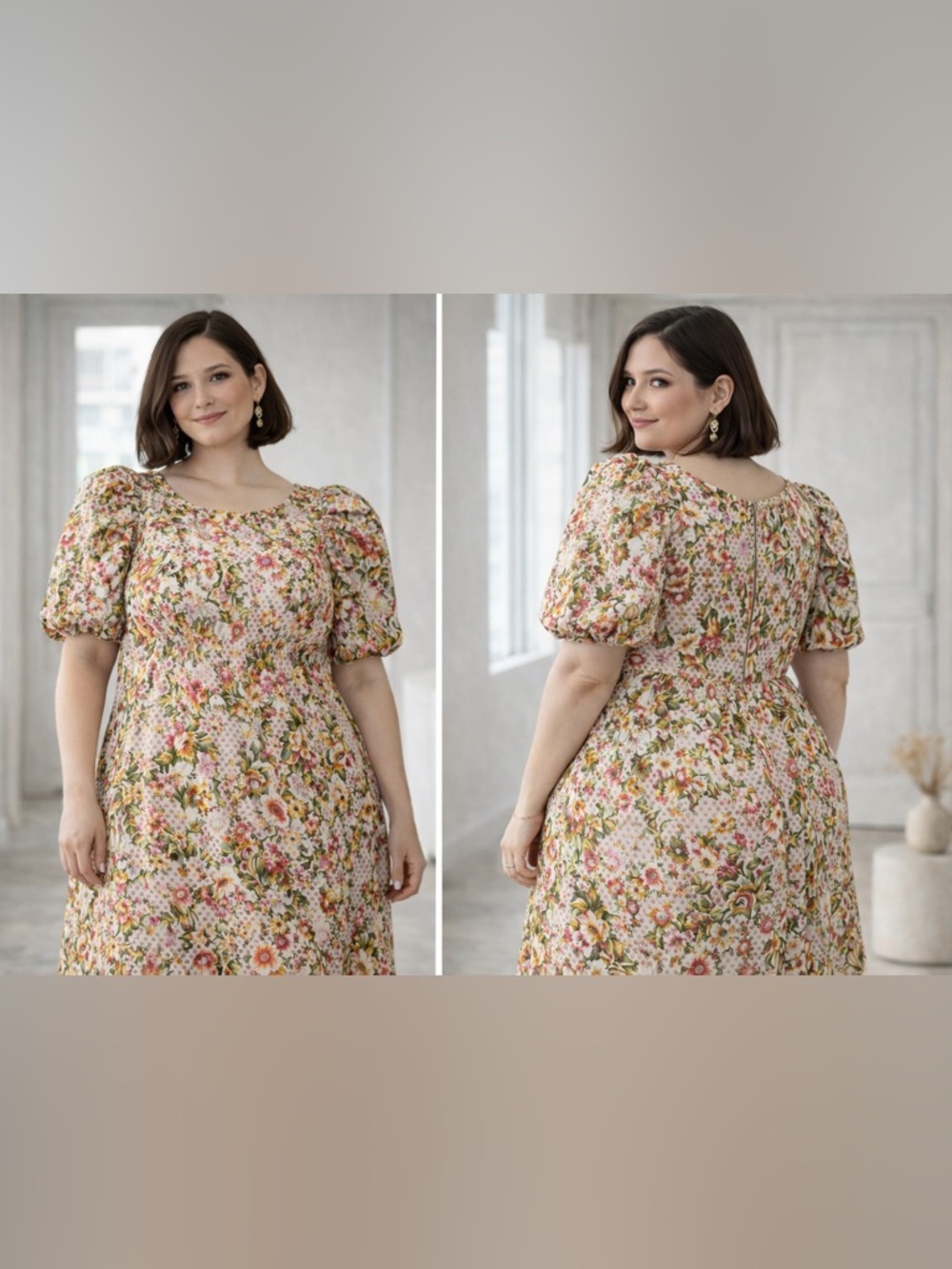 Embroidered Puff-Sleeve Floral Dress - green/gold/pink/touch of orange